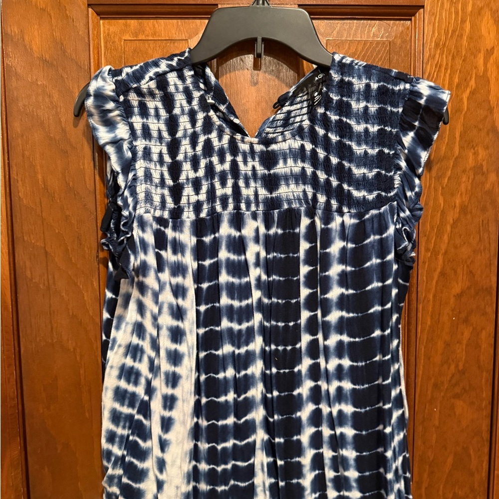 Aqua Navy and White Tie-Dye Smocked Sleeveless Tunic